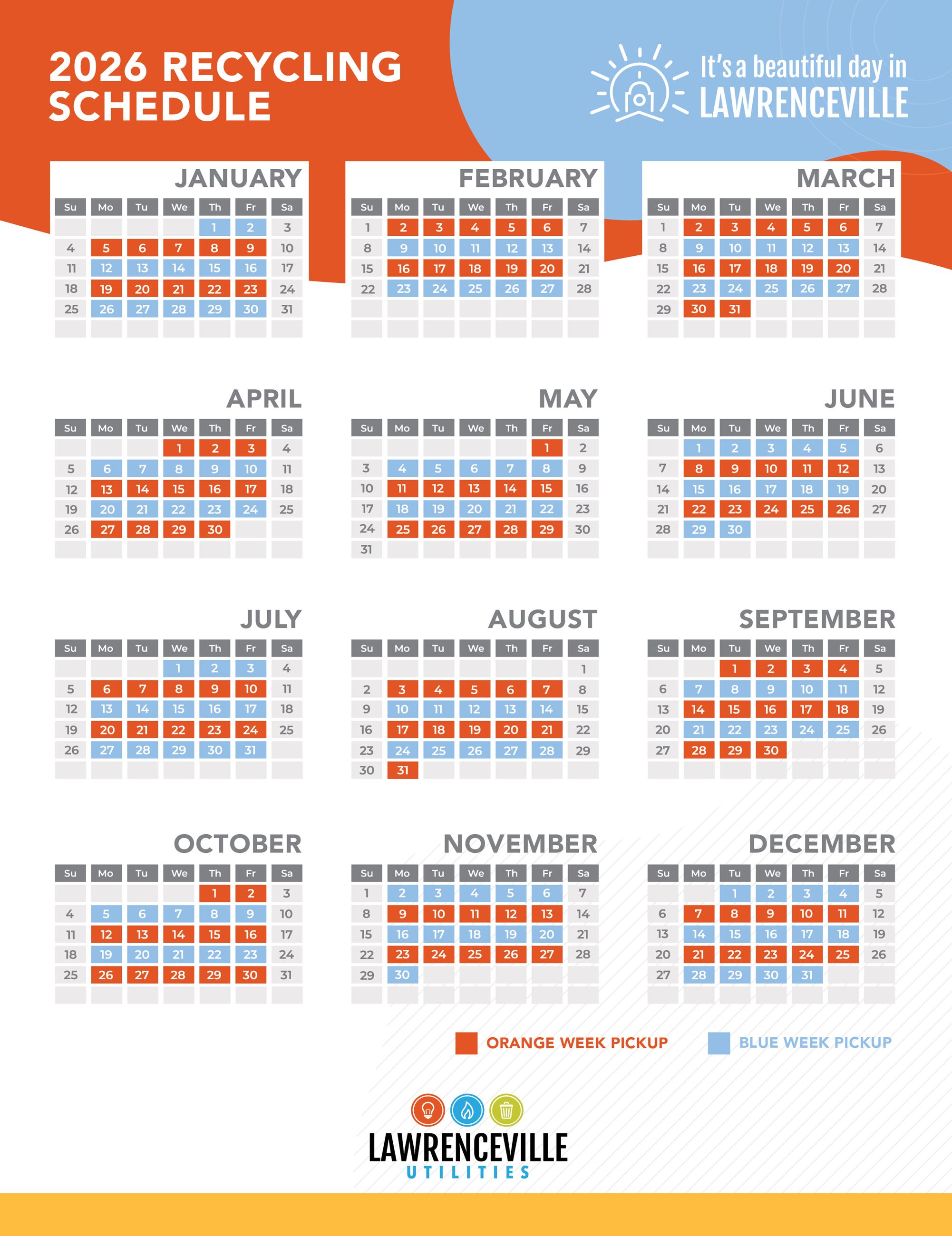 2025 Lawrenceville Sanitation recycling schedule in a calendar format